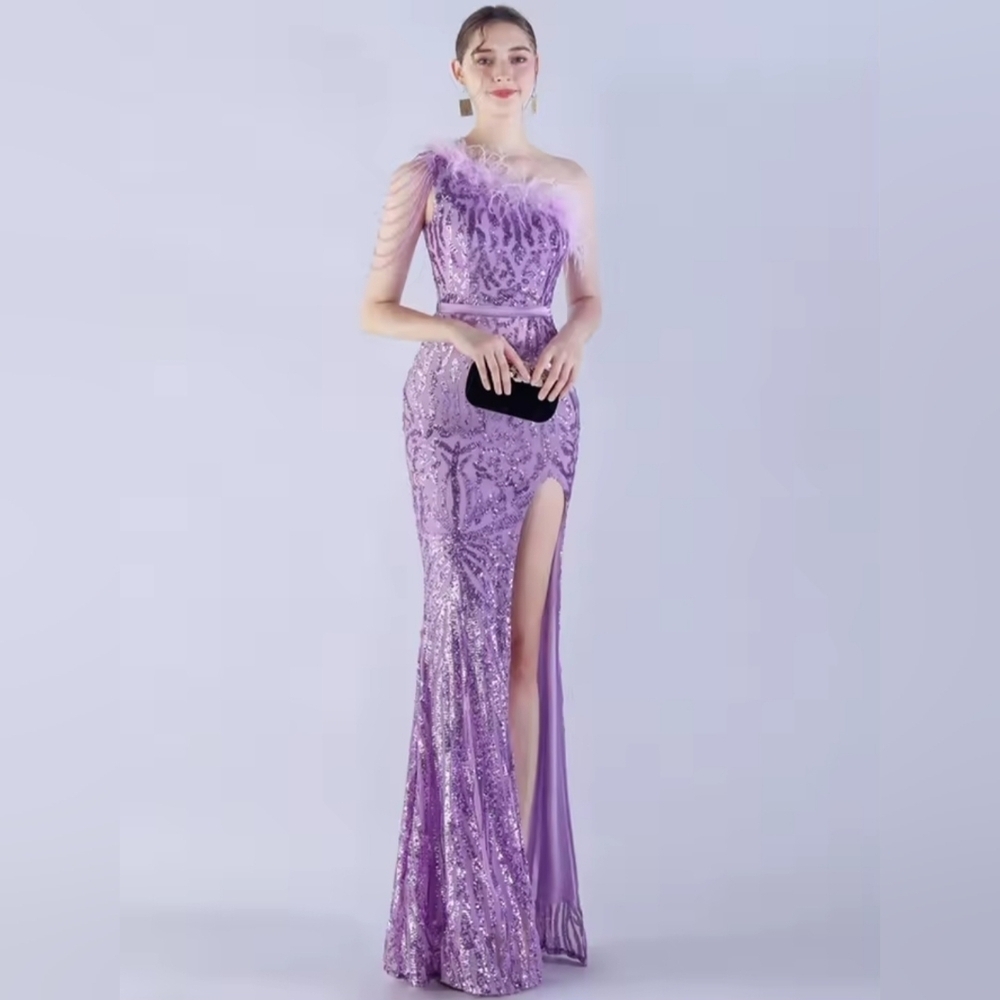 Purple, Geo Print, Assymmetrical Neck, Ostrich Feather, Sequined Gown